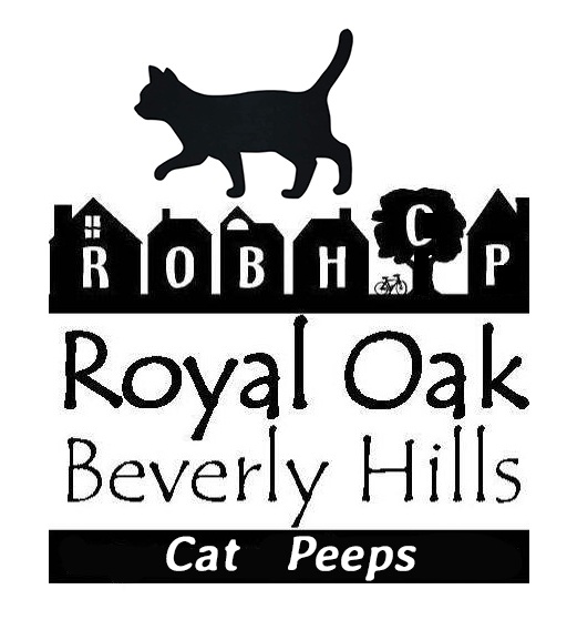 Logo for Royal Oak Beverly Hills Cat Peeps - cat walking on rooftops with letters R O B H C P on houses